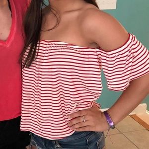 Striped off the shoulder flowy crop top